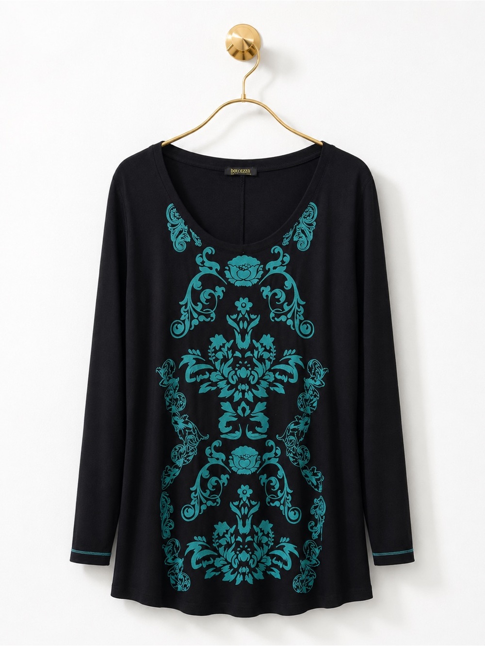 Dolcezza Black Teal Velvet Flocked Floral Baroque Tunic Top XL